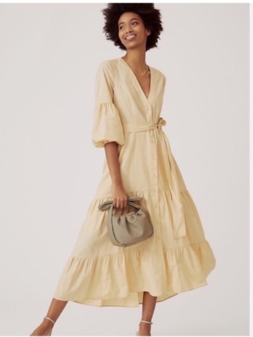 Maeve by Anthropologie Beige Ecru Cream Cottagecore Puff Sleeve Maxi Dress 6